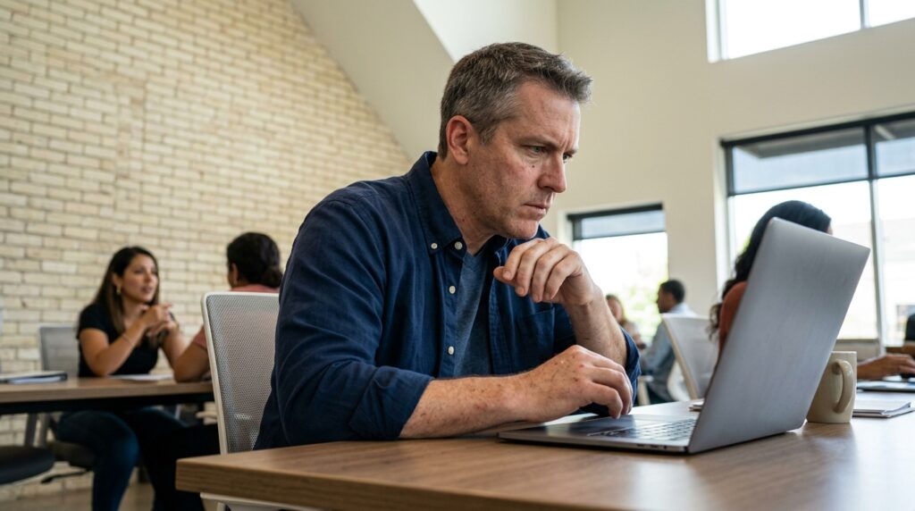 Business owner in his late 40s at a laptop in a modern co-working space studying AI search results on an unreadable screen