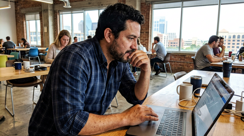 Business owner in his 40s at a laptop in a Dallas co-working space, reading AI search results with a focused, concerned expression