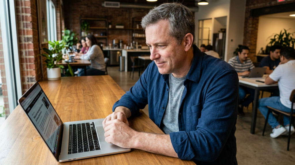 Business owner at a laptop in a co-working space reading about AI watermark regulations with a skeptical expression.