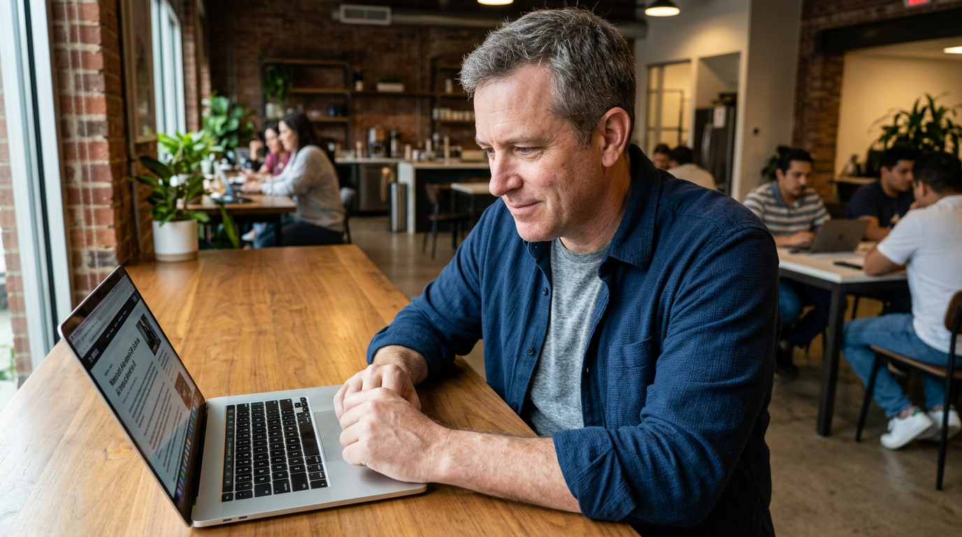 Business owner at a laptop in a co-working space reading about AI watermark regulations with a skeptical expression.
