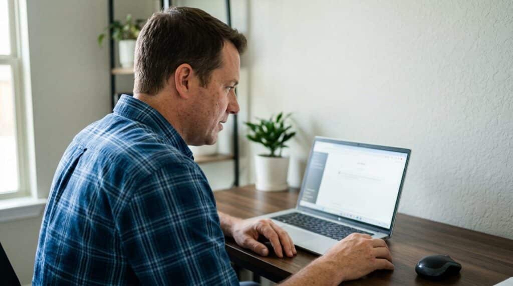 Business owner in a home office leaning toward a laptop screen showing an AI chat interface with a focused, surprised expression.
