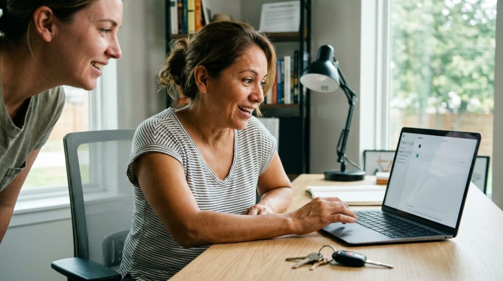 Business owner at a home office desk looking at a laptop screen showing an AI chat result citing their expertise.