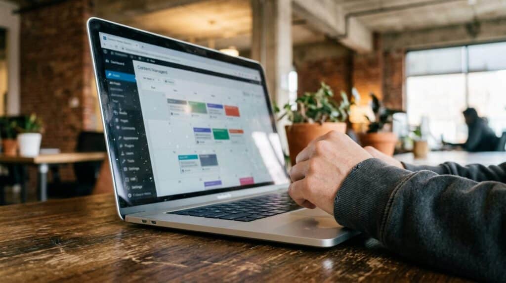 Business owner at laptop in a modern home office watching a content scheduling dashboard with posts queuing automatically across channels.
