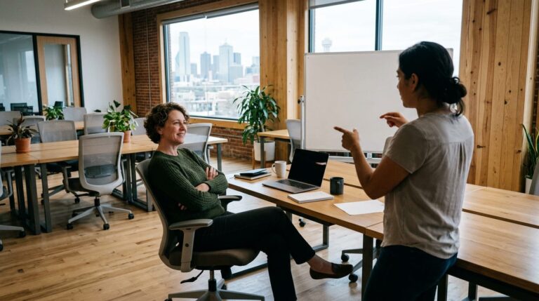 Business owner and advisor comparing two options on a whiteboard in a modern Dallas co-working space during an afternoon meeting.