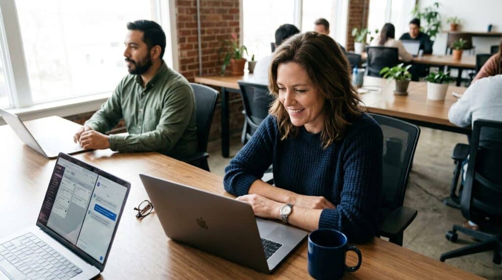 Business owner at a laptop in a home office reviewing a VA task list alongside an AI search result showing a competitor as the top answer.