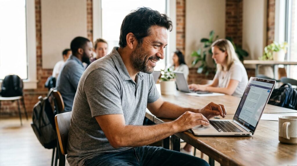 Business owner at a laptop in a Dallas co-working space reading a ChatGPT response that cites his business for the first time.