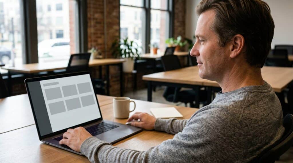 Business owner at a laptop in a co-working space reviewing a content dashboard showing posts already published across channels.