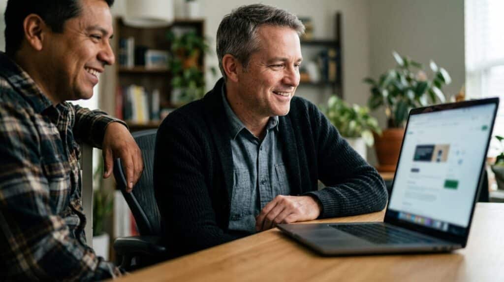 Business owner at a laptop in a home office reacting to seeing their service business named in an AI search answer on screen.