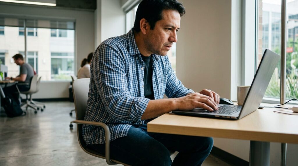 Business owner at a laptop in a modern home office reacting to search results with focused concentration, natural side lighting