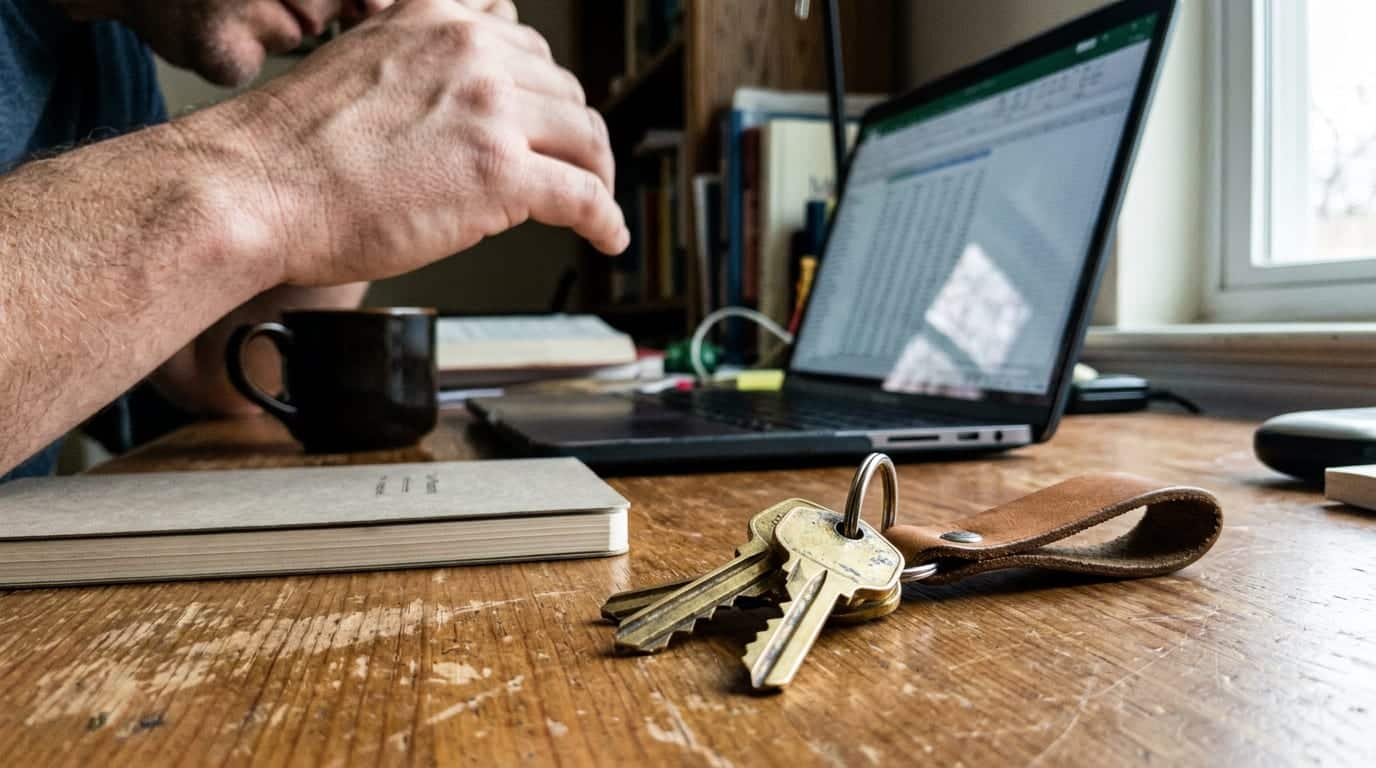 Business owner in a home office leaning toward a laptop, reviewing a two-column tracking document with focused concentration.