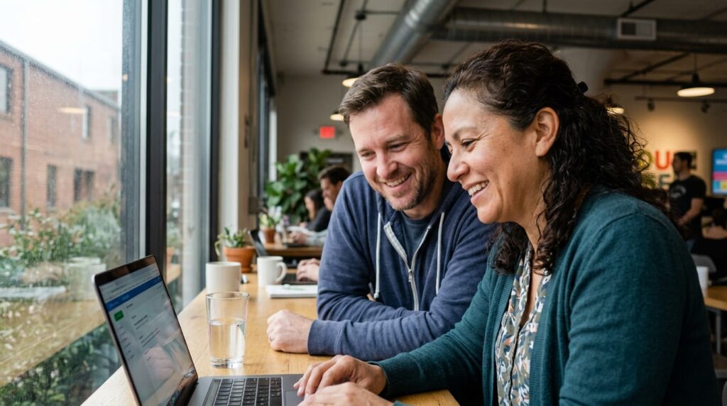 Business owner at laptop in Dallas co-working space reacting to seeing their service business cited in an AI search response.