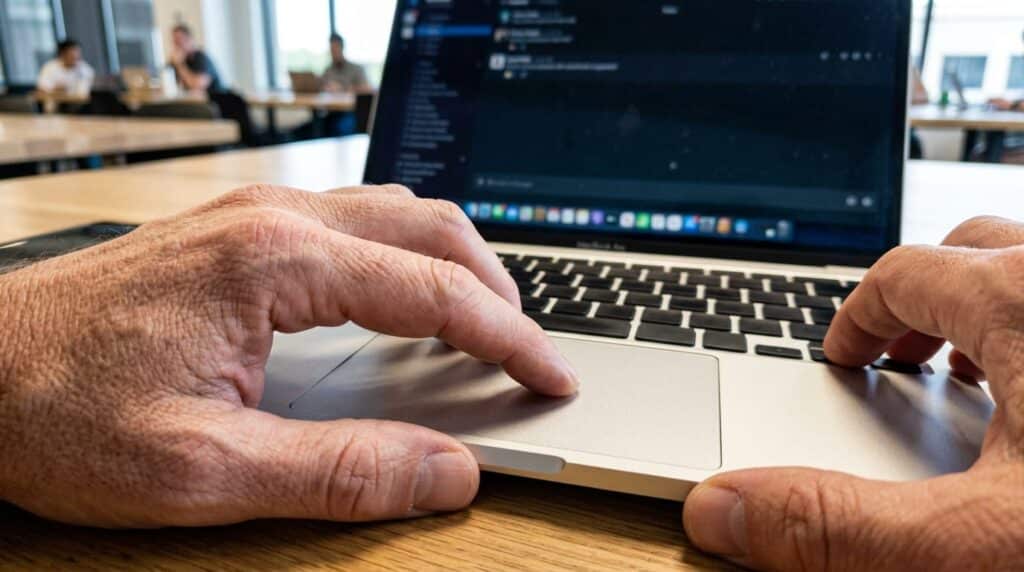 Business owner leaning toward a laptop screen in a modern co-working space, reacting to search results with focused attention