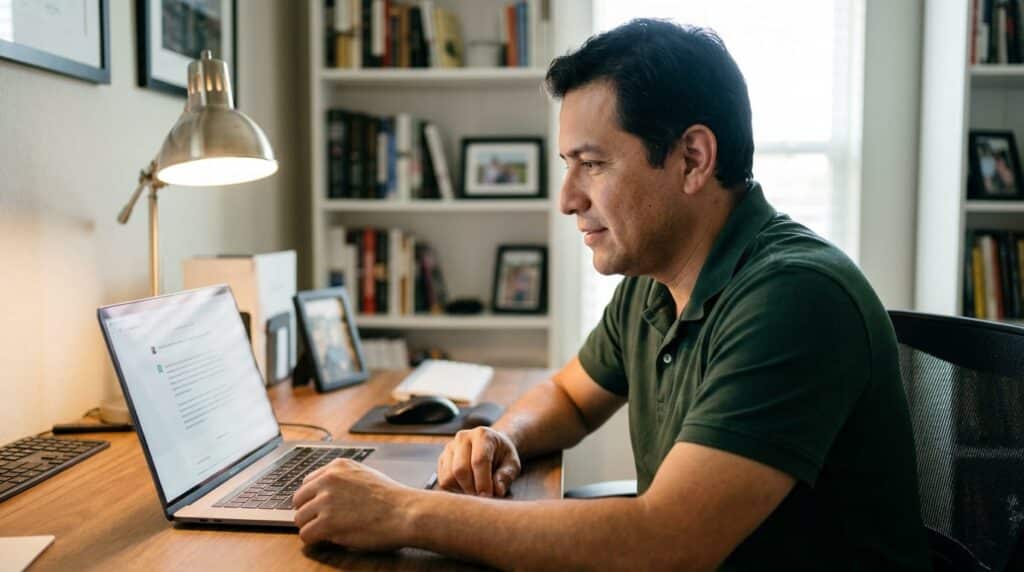 Business owner at a home office desk leaning toward a laptop showing a ChatGPT response naming a local business in the results.