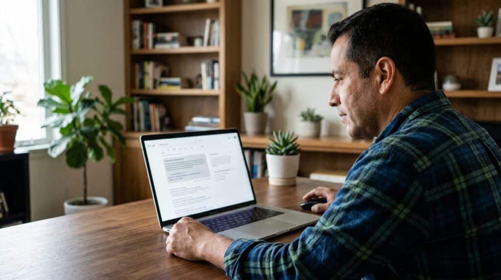 Business owner at a home office desk leaning toward a laptop showing AI search results with answer boxes at the top of the page.
