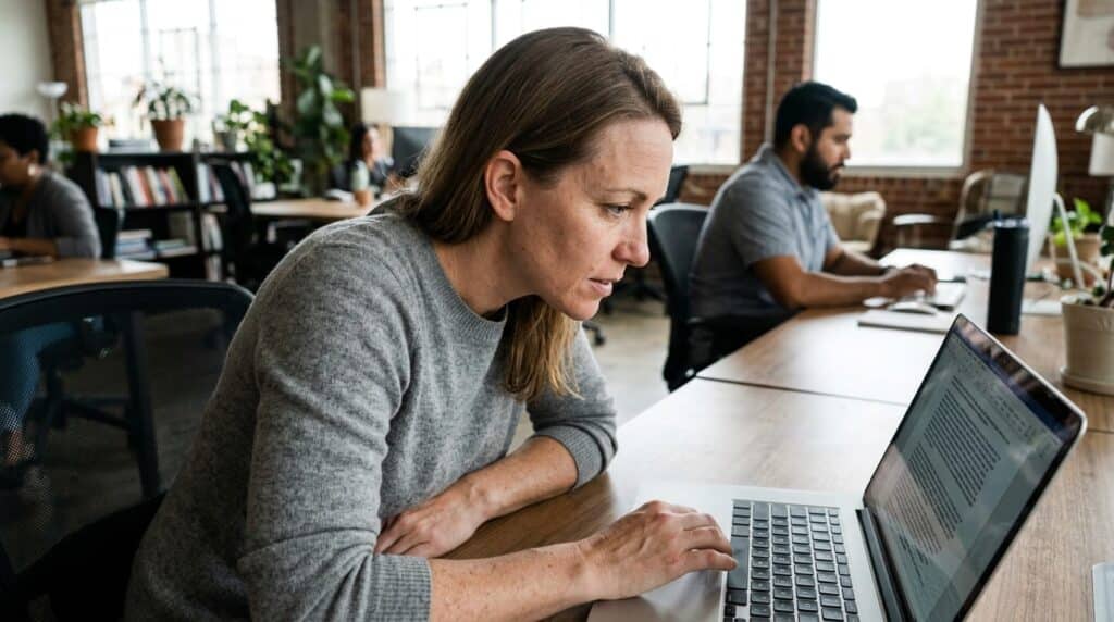 Business owner in a Dallas co-working space reading an AI search result on a laptop with focused recognition on their face.
