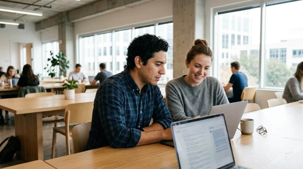 Business owner at a laptop in a co-working space comparing traditional search results and an AI answer panel side by side.