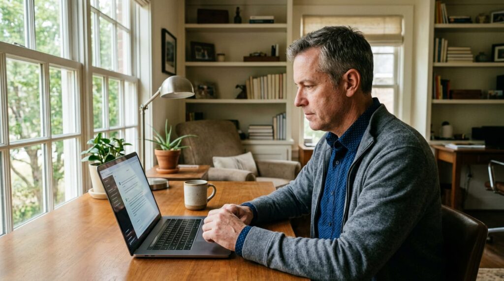 Business owner leaning toward laptop in a home office, reading an AI chat response with a focused, surprised expression.