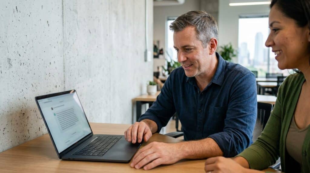 Business owner at laptop in co-working space reacting to AI search results showing their business recommended to a buyer