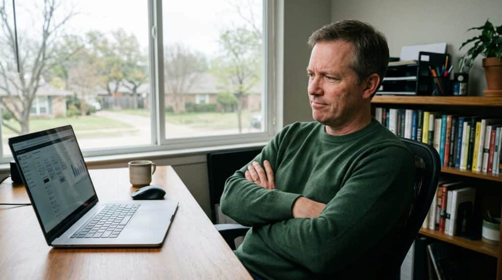 Business owner in a home office observing an automated social media scheduling dashboard running on a laptop without typing