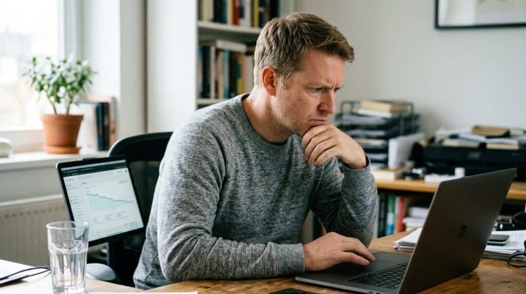 Business owner leaning toward a laptop showing a downward analytics trend in a modern home office with natural light.