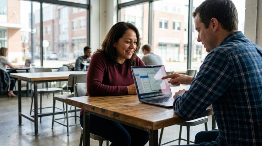 Two business professionals in a Dallas co-working space leaning toward a laptop screen in a focused working conversation about search results.