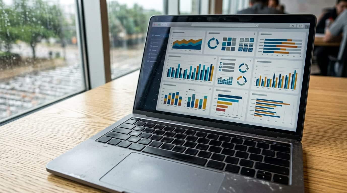 Business owner at laptop in co-working space reviewing a content publishing dashboard with posts scheduled across multiple channels