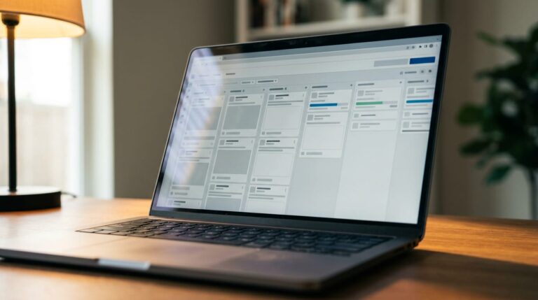 Business owner at a home office desk watching an automated social media scheduling dashboard fill with queued posts on a laptop screen.