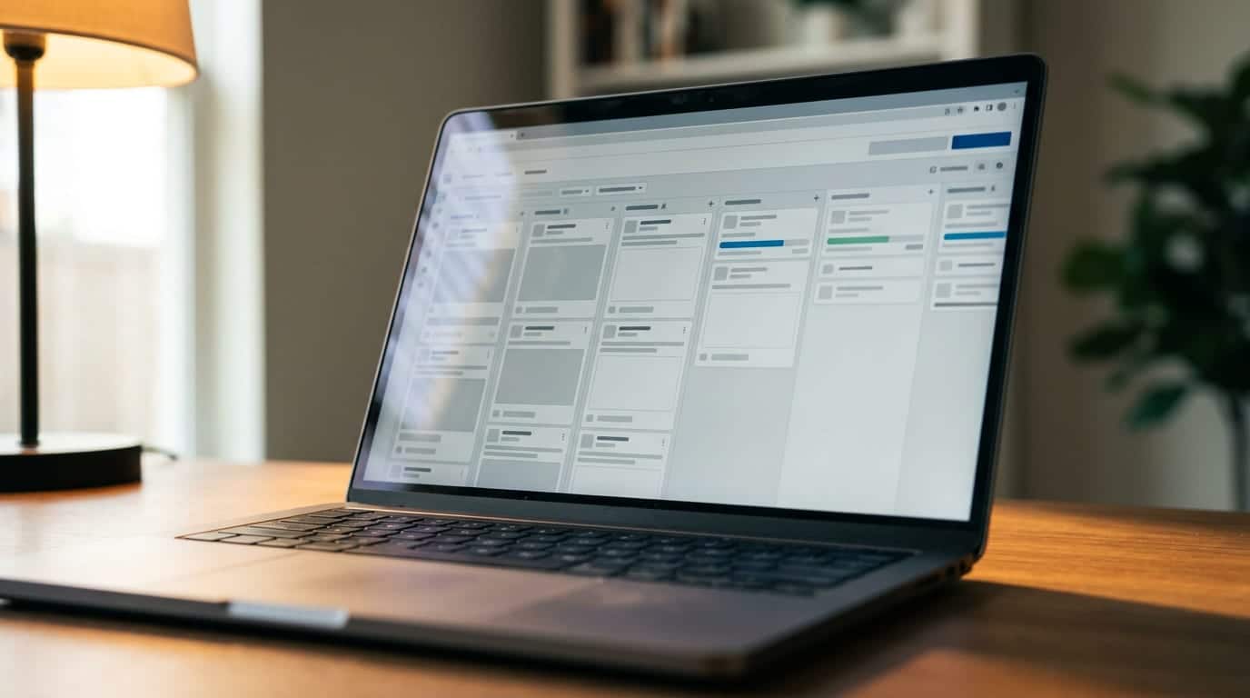 Business owner at a home office desk watching an automated social media scheduling dashboard fill with queued posts on a laptop screen.