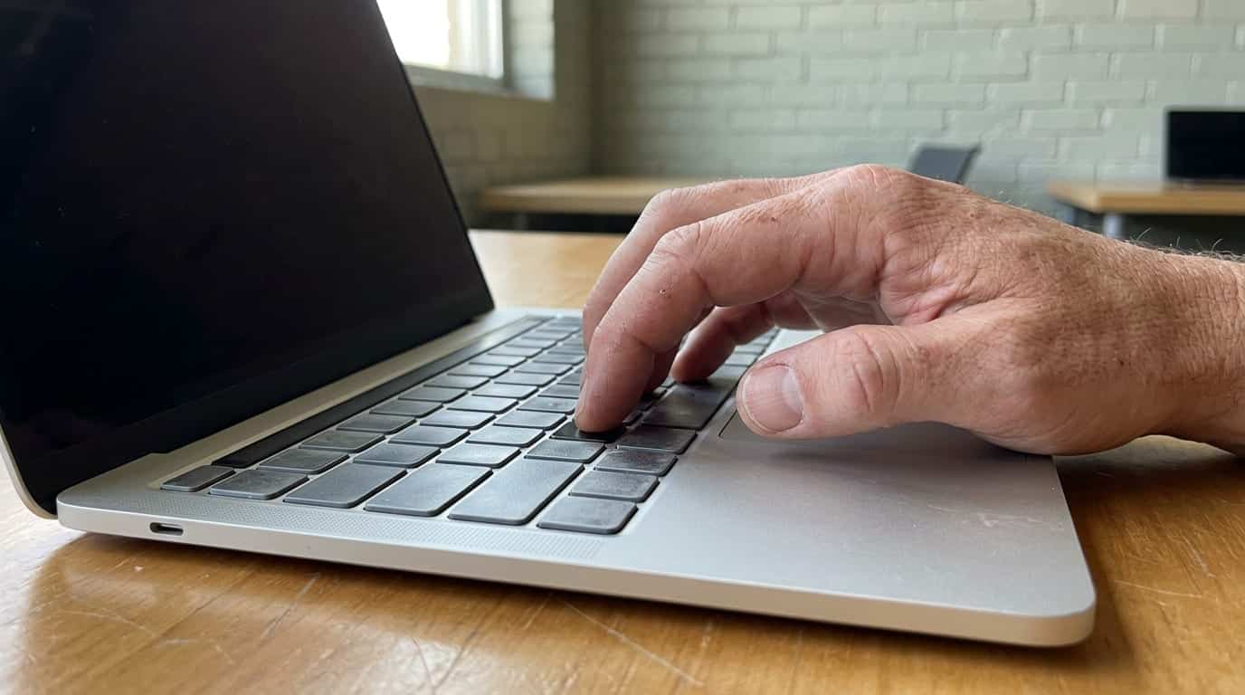 Business owner leaning toward laptop screen in a co-working space, reacting with concern to AI-generated text about their company.