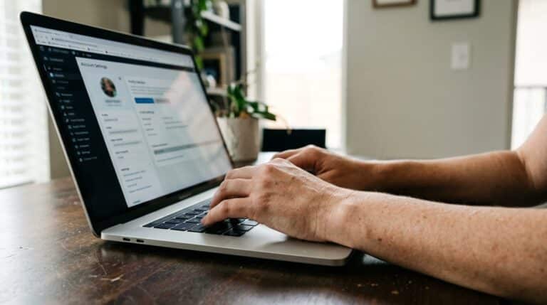 Business owner in a home office reviewing account access on a laptop screen with focused, deliberate attention.