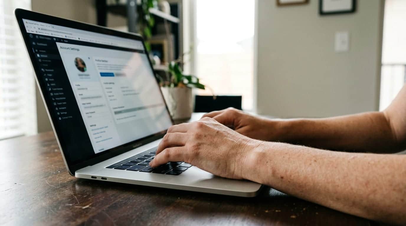 Business owner in a home office reviewing account access on a laptop screen with focused, deliberate attention.