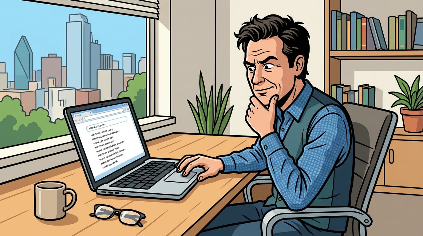 Business owner at a home office desk evaluating search query results on a laptop screen, focused and analytical expression.