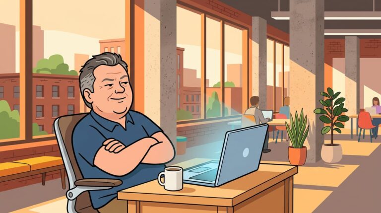 Business owner sitting back at a laptop in a modern co-working space with a satisfied expression, watching a content system run without them.