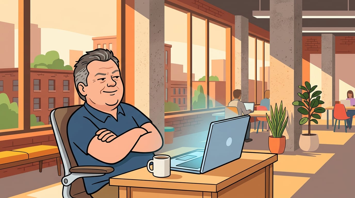 Business owner sitting back at a laptop in a modern co-working space with a satisfied expression, watching a content system run without them.