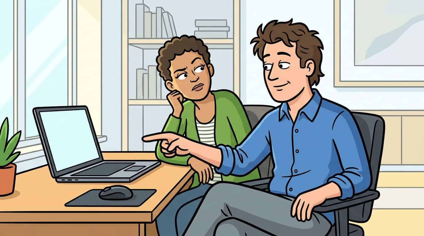 Business owner and partner at a home-office desk, both looking at a laptop screen together during a calm, focused conversation about content strategy.