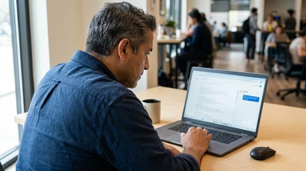 Business owner at a home office desk reacting to seeing their business appear in both a Google result and an AI answer on a laptop screen.