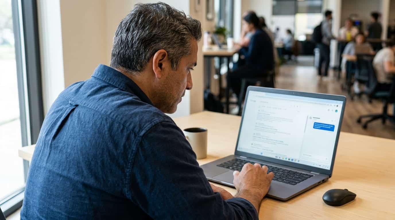 Business owner at a home office desk reacting to seeing their business appear in both a Google result and an AI answer on a laptop screen.
