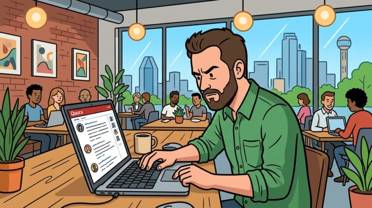 Business owner at a laptop in a co-working space writing a focused response in a Quora answer thread, coffee nearby.