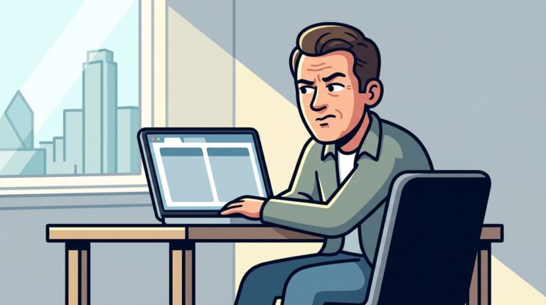 Business owner in a home office leaning toward a laptop screen with two browser tabs open, expression focused and evaluating.