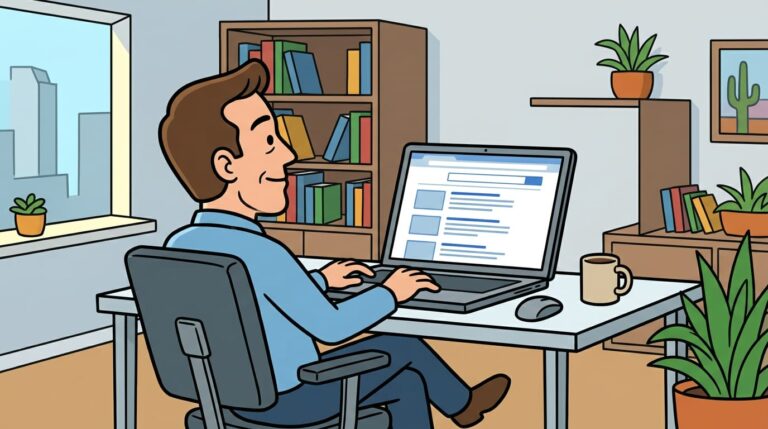 Business owner in a home office looking at a laptop screen showing search results, calm and focused expression, natural light