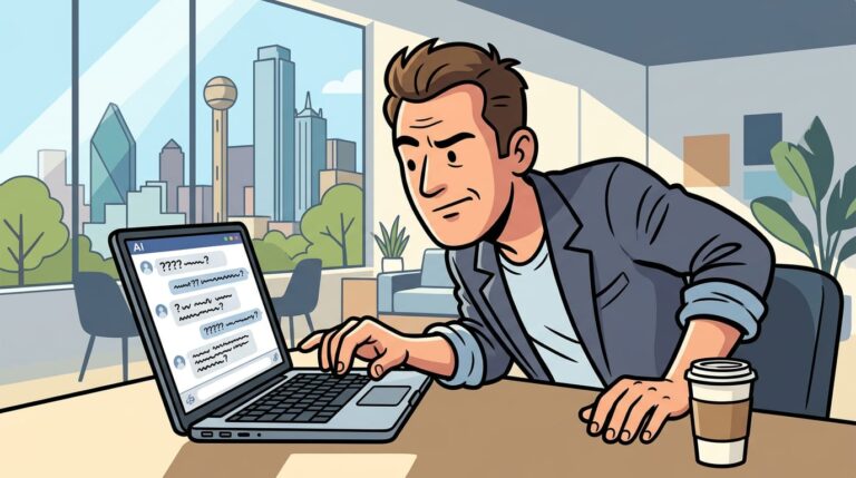 Business owner leaning toward laptop in a co-working space, focused on an AI chat interface showing a list of questions on screen.